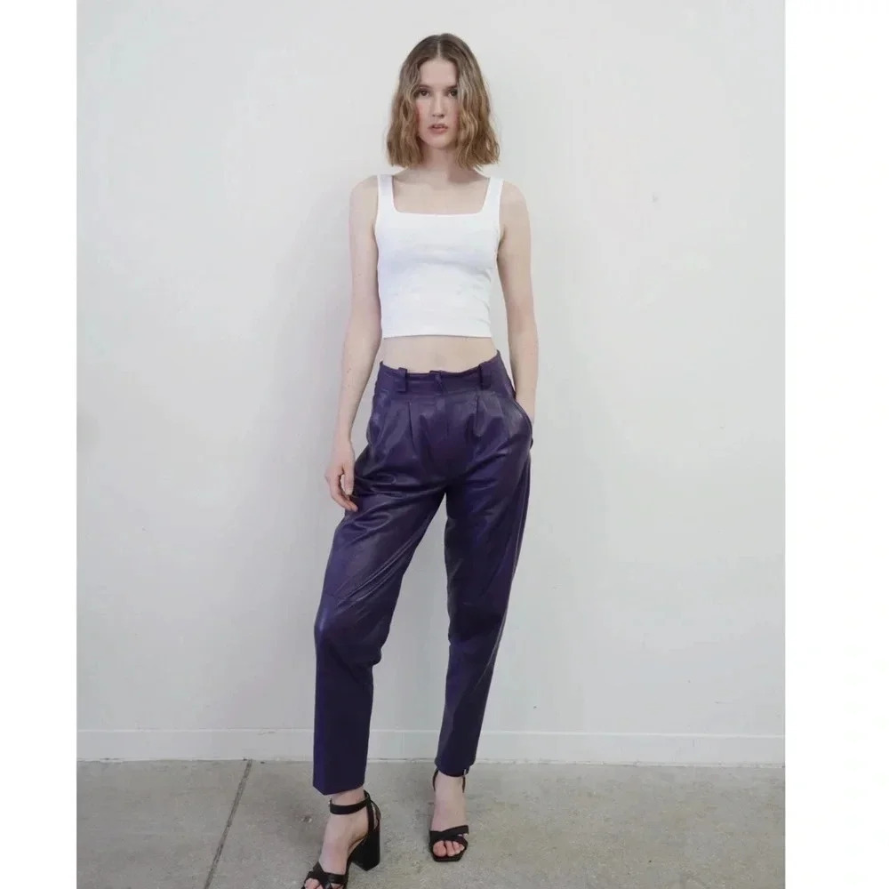 VINTAGE - Diana Charles Blue Purple Leather High Waisted Trousers